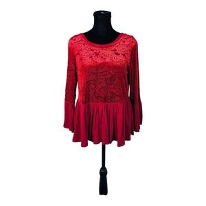 2111 altrd state Women's Red Velvet Textured Peplum Blouse Sz Medium
